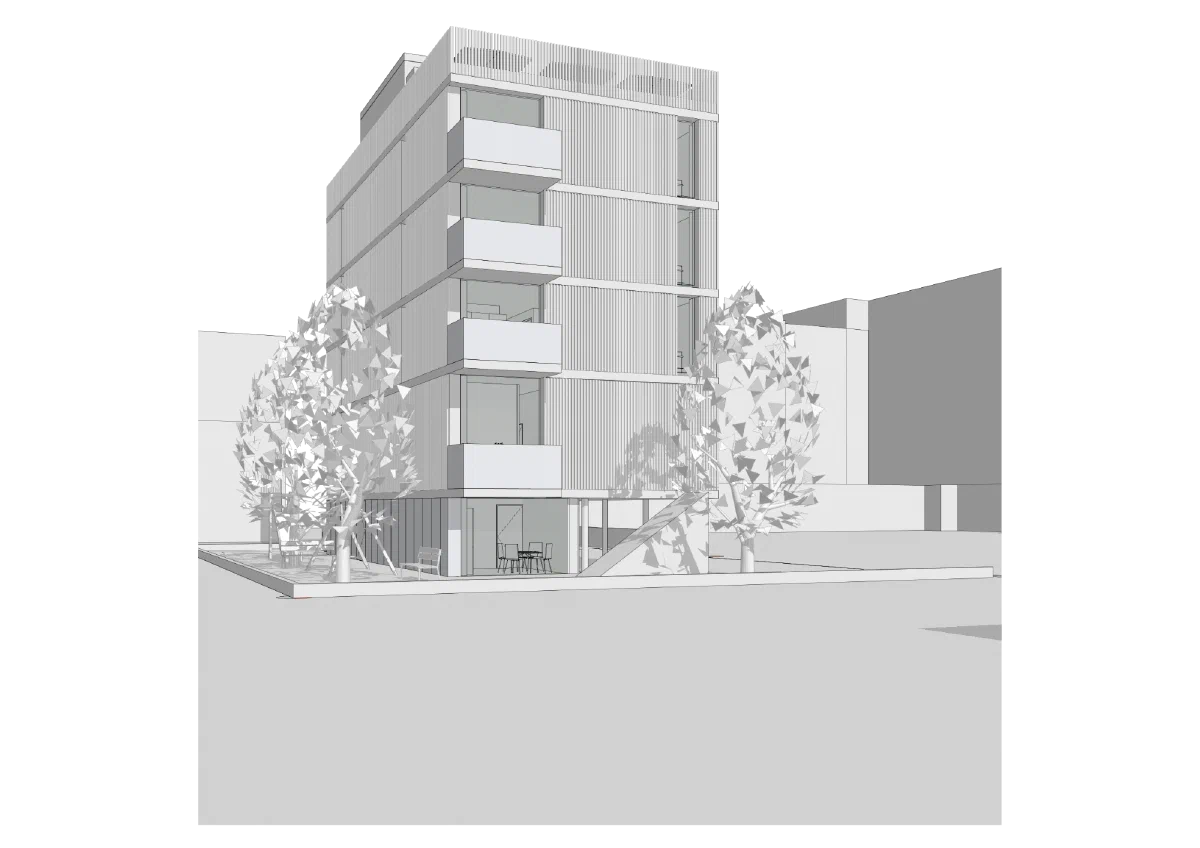Render esterno con alberi · Beier Cabrini Architetti