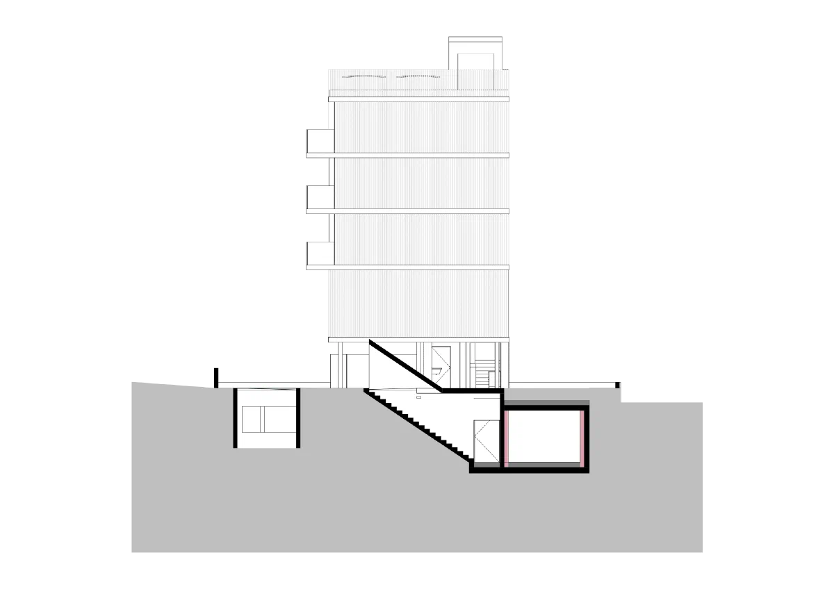 Sezione verticale dell'edificio, 3 piani residenziali sopra il centro