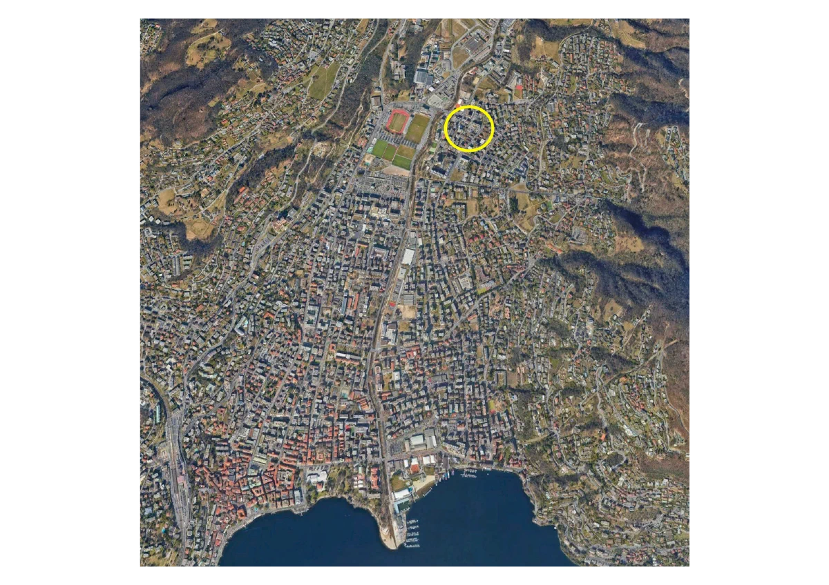 Foto aerea di Lugano con la posizione del lotto evidenziata
