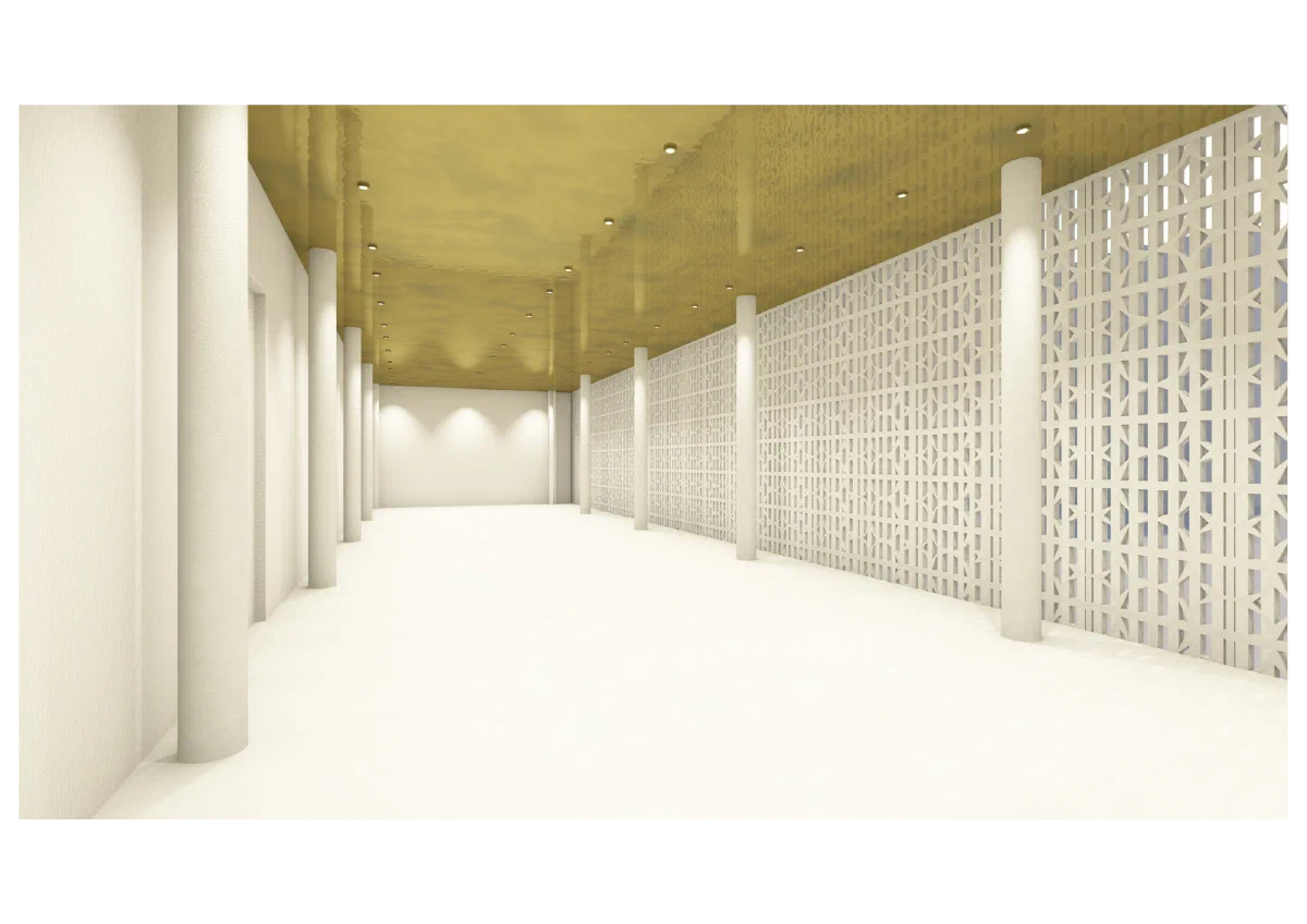 Render interno corridoio con muri traforati