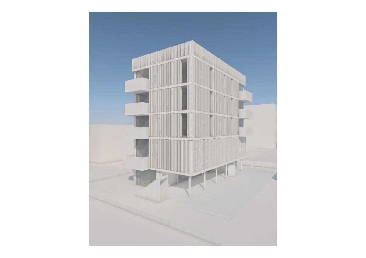 Render esterno vista 3/4 dell'edificio